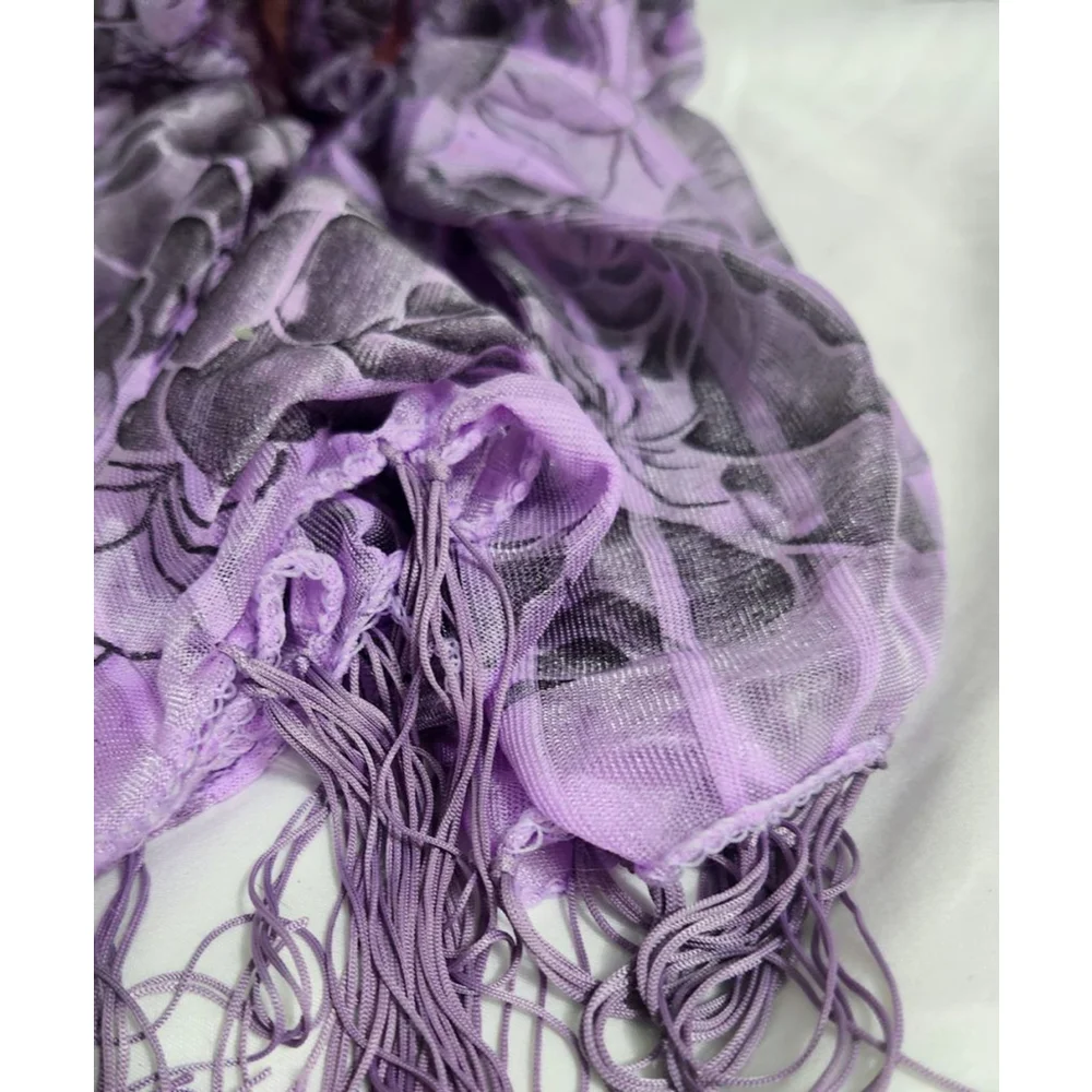 Purple Black Floral Scarf With Fringe